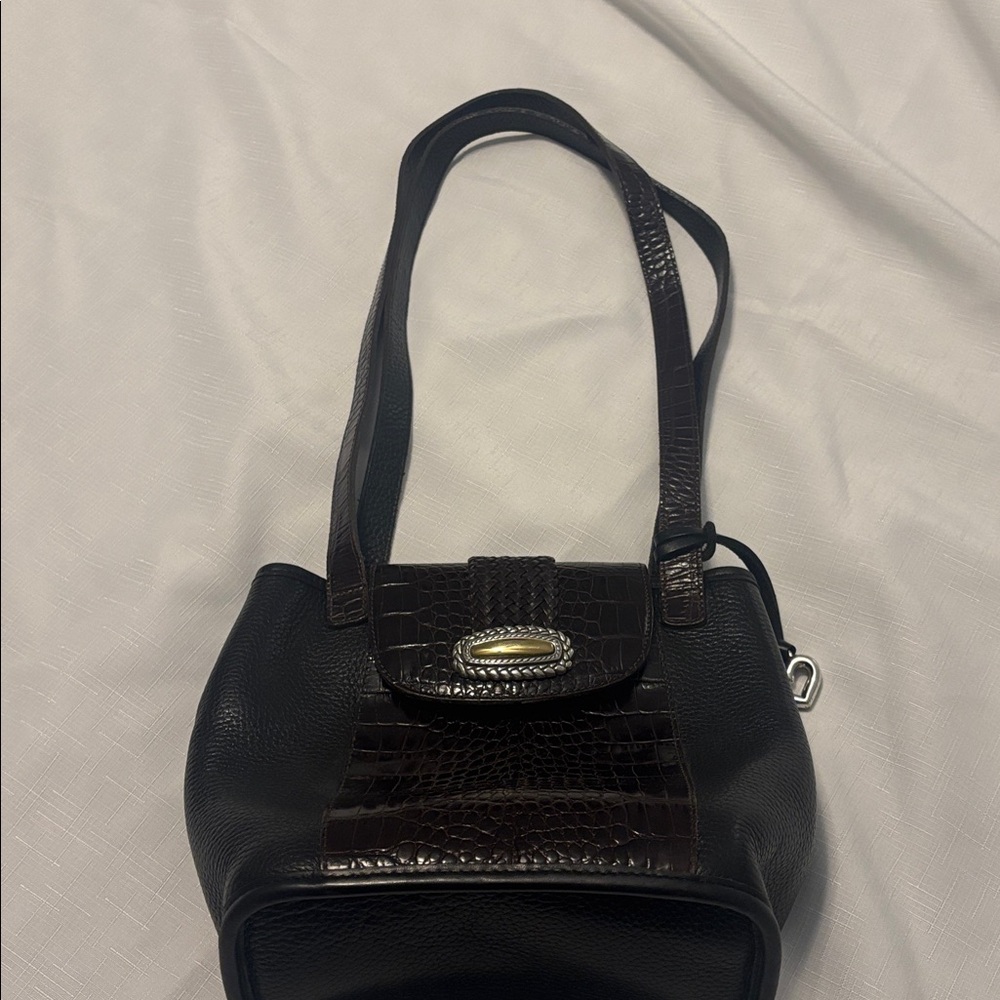 VTG Brighton Black Crocodile Print Brown Pebble Leather Bucket Tote Shoulder Bag - Picture 2 of 12